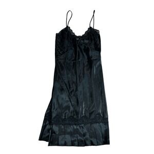 Vintage Sedu Lingerie Black Satin Lace Trim Slip Dress Nightgown Womens M